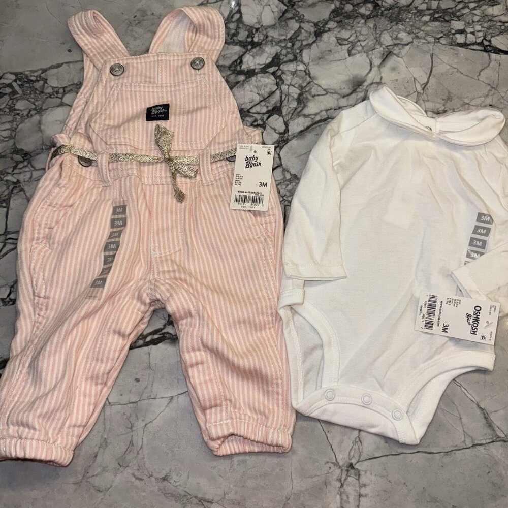 Oshkosh Baby Girls 3 Months Pink Striped Overall Peter Pan Collar Bodysuit NEW - Picture 3 of 3